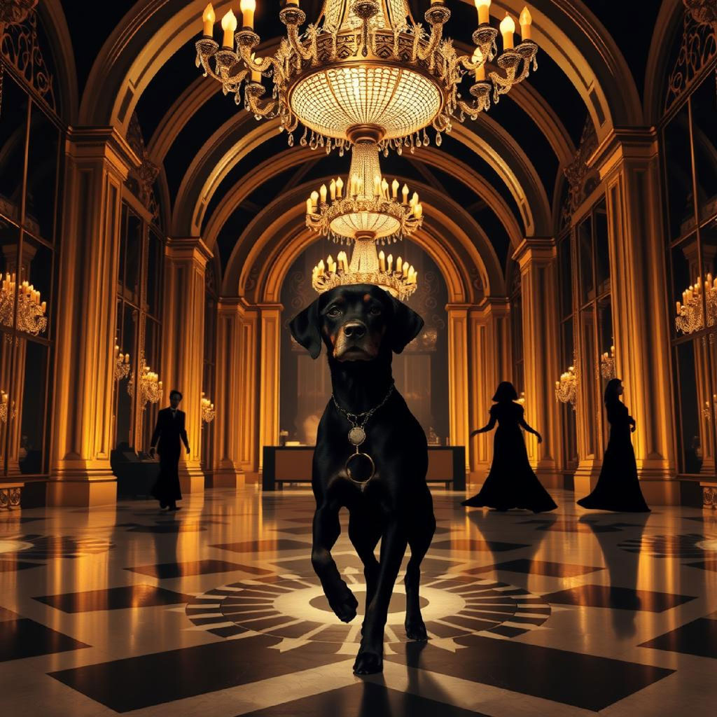 Couples dancing in a luxurious ballroom with multiple chandeliers and an arched doorway.