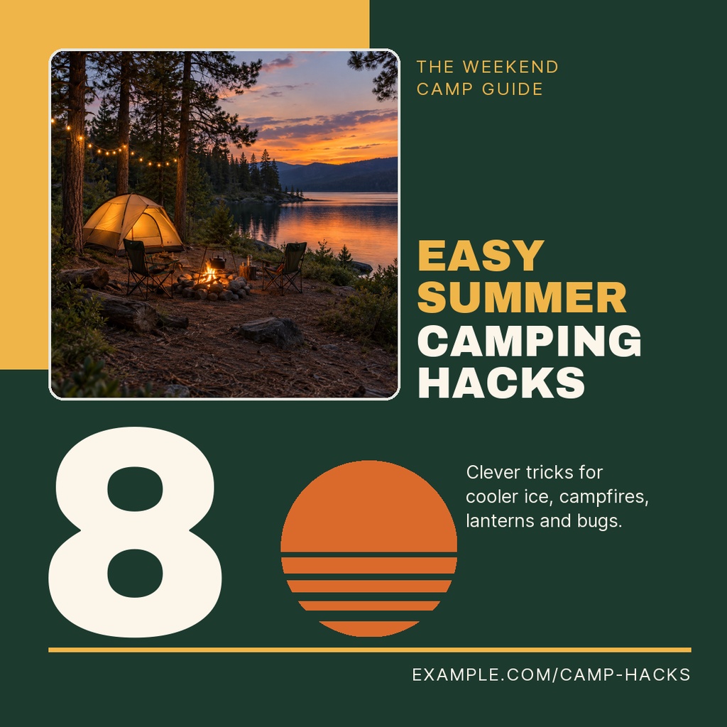 Square graphic with a campsite at sunset and bold text reading Easy Summer Camping Hacks.