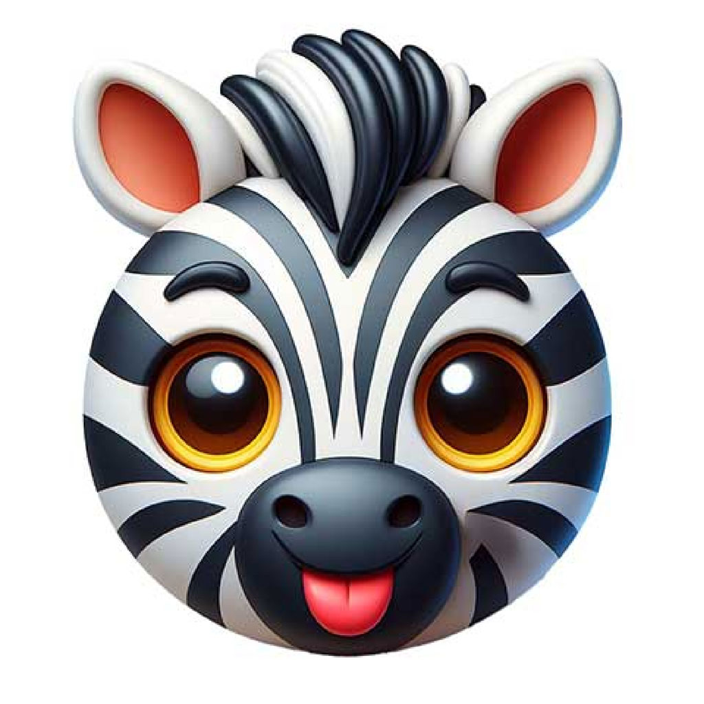 A cartoon zebra face with a happy expression and black and white stripes