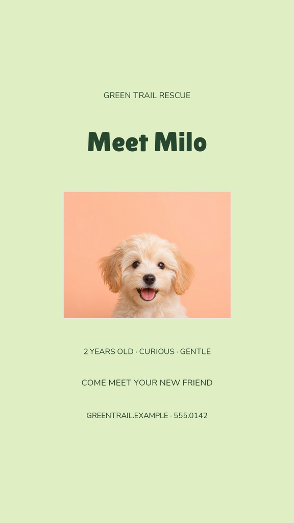 Vertical story layout with a puppy photo, headline Meet Milo, and rescue dog introduction text on a pale green background.