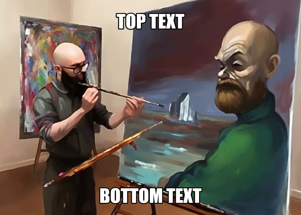 A bald man in a mask paints a portrait of a bearded man on a large canvas.