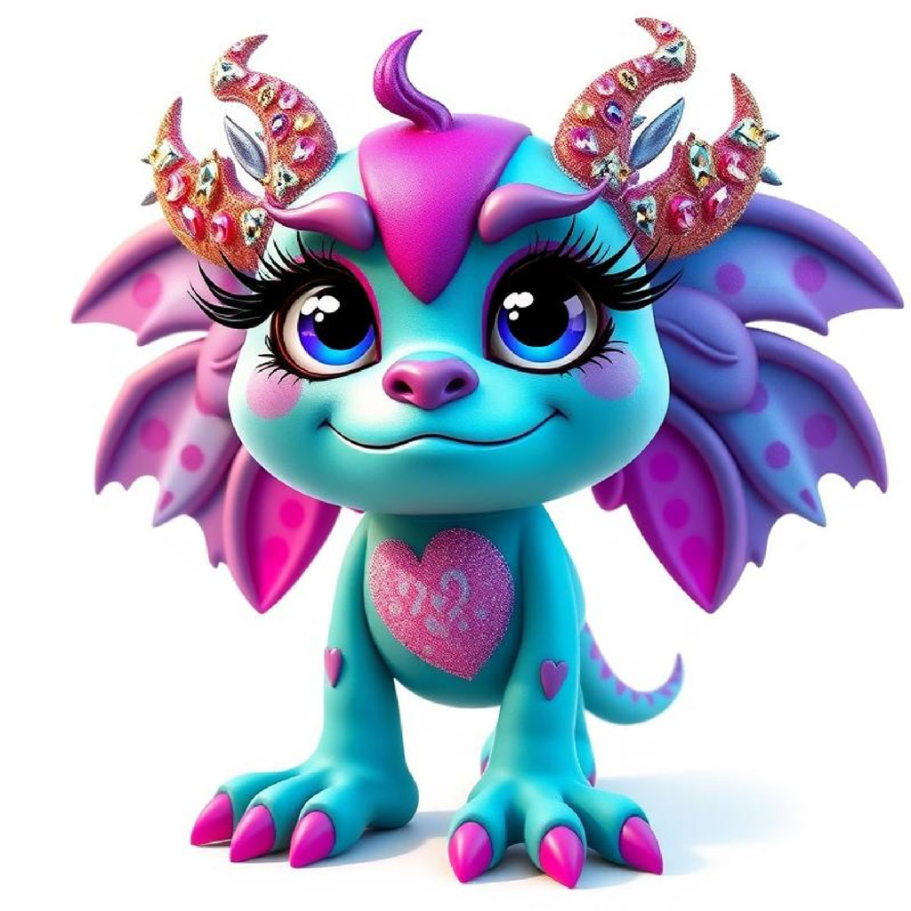 A cartoon dragon with turquoise body, pink heart, and purple wings against a white background.