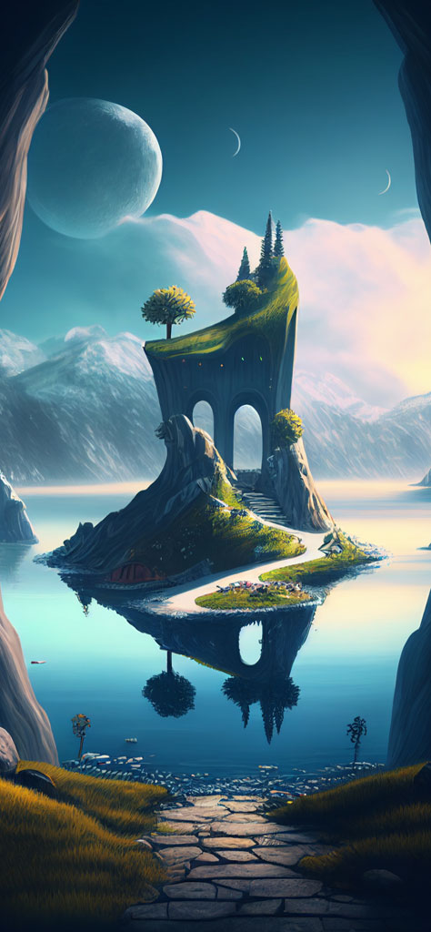 A fantasy island with a large archway in the center, surrounded by water and mountains in the background.