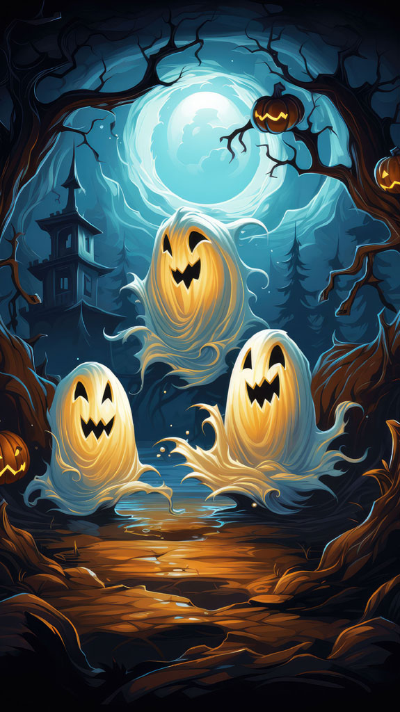 Three ghostly figures with pumpkin faces floating near a haunted house on a dark Halloween night.