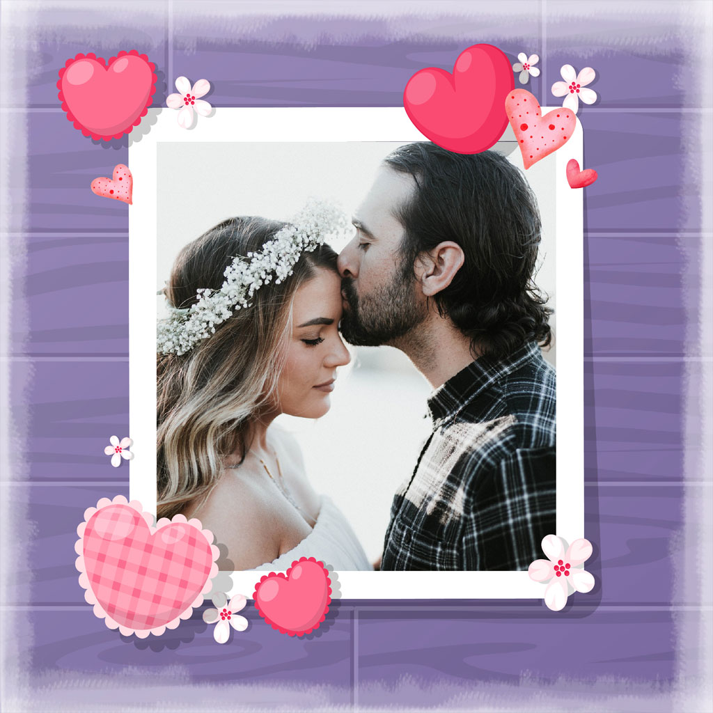 Couple kissing with heart decorations