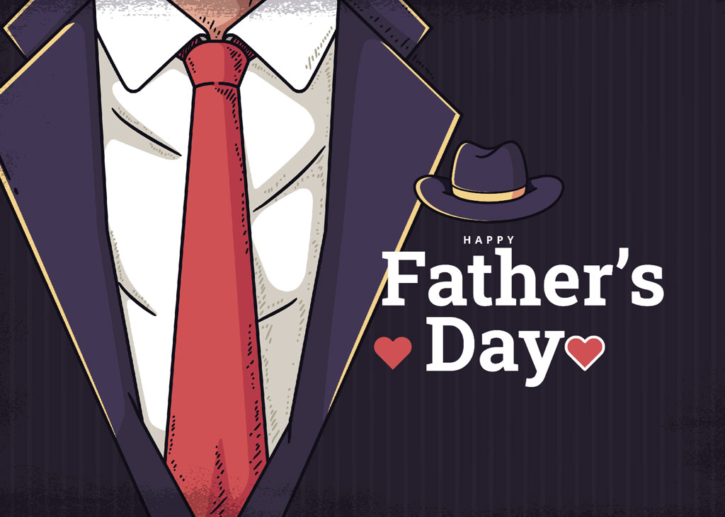 Illustration of a man in a suit with a red tie and a hat, celebrating Father's Day