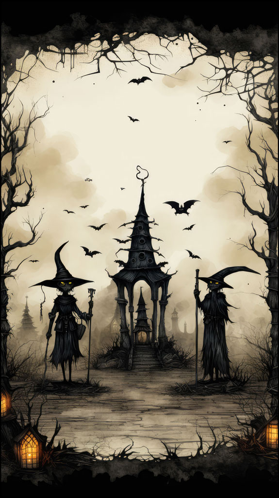 Illustration of two witches with staffs standing near a haunted tower surrounded by bats and bare trees.