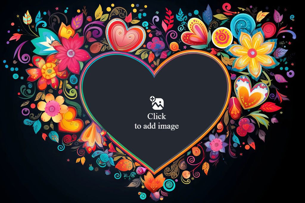 A large heart shape outlined in multicolor, surrounded by flowers and leaves against a black backdrop.