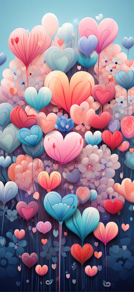 A collection of heart-shaped balloons in various pastel colors floating amidst a floral backdrop.