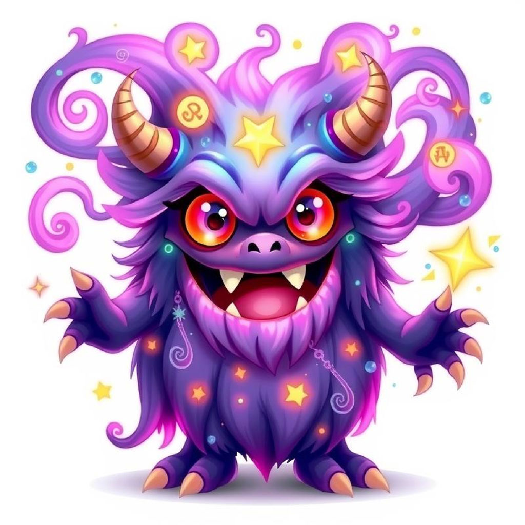 A colorful, cartoonish purple monster with horns and starry details
