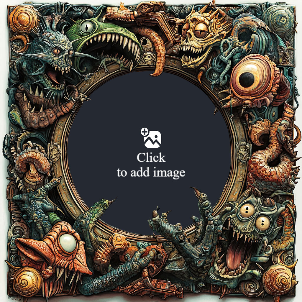 A square frame with a circular opening, surrounded by a mix of mechanical and organic creatures.