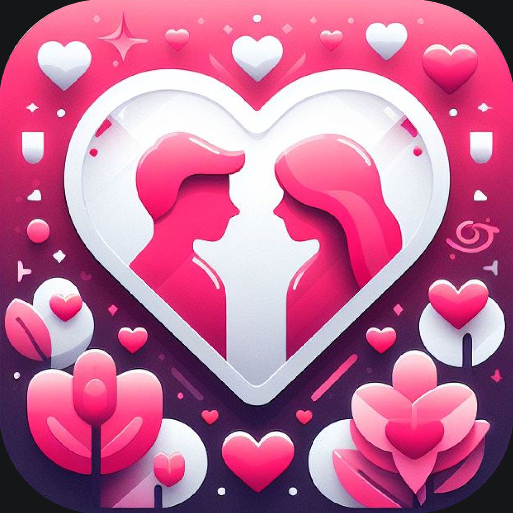 Heart icon with couple silhouettes and romantic elements