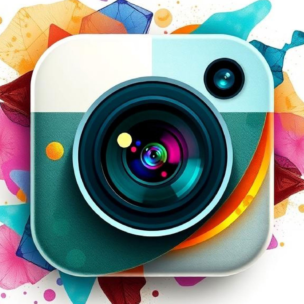 Stylized camera icon with colorful background