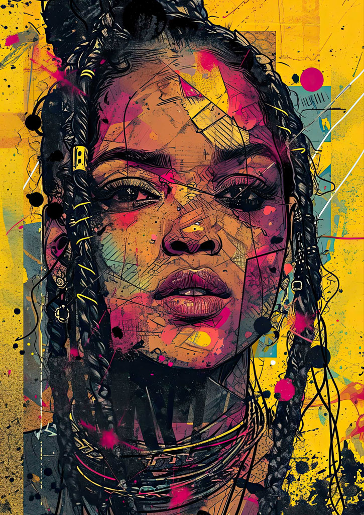 A woman's face with braided hair, surrounded by vibrant colors and abstract shapes.