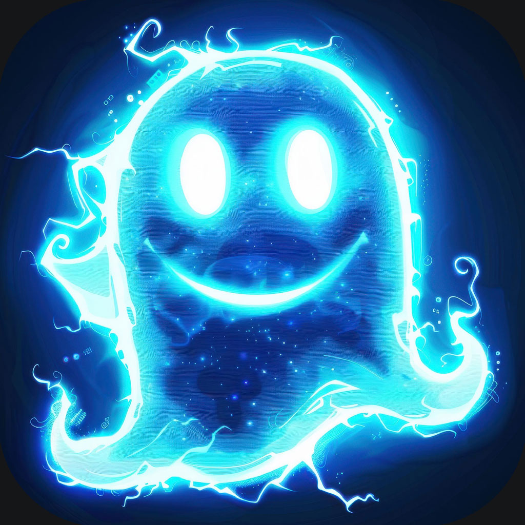 A cartoon ghost with glowing blue eyes and a smile, surrounded by electric sparks.