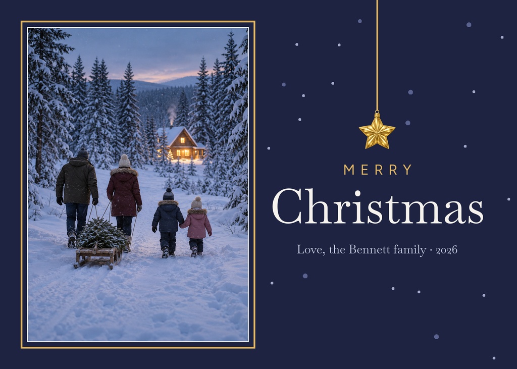 Landscape Christmas card with family walking through snowy woods beside elegant holiday text and a hanging gold star.