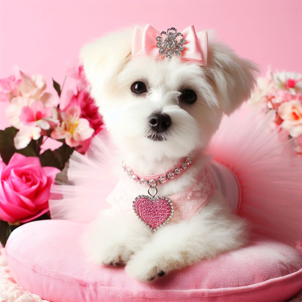 A small white dog wearing a pink dress and accessories, sitting on a pink cushion with flowers in the background.