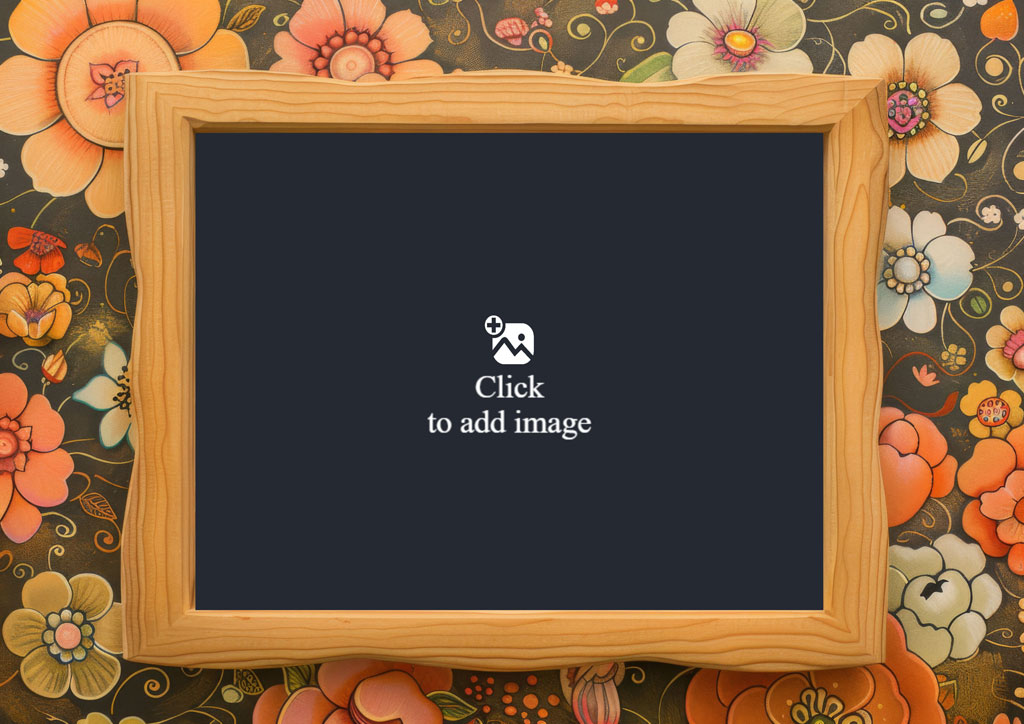 Blackboard with wooden frame on floral wallpaper