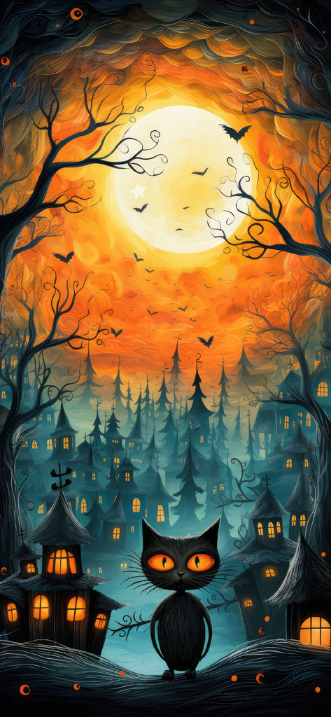 A black cat with glowing eyes in a haunted village at night