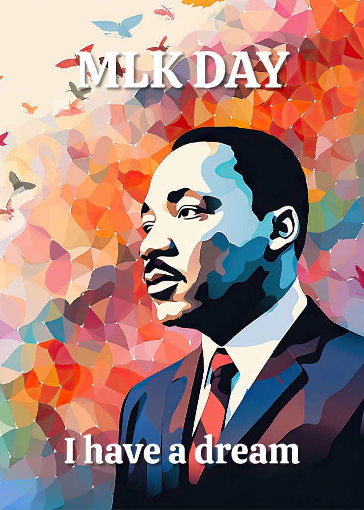 Martin Luther King Jr. portrait with 'MLK Day' and 'I have a dream' text