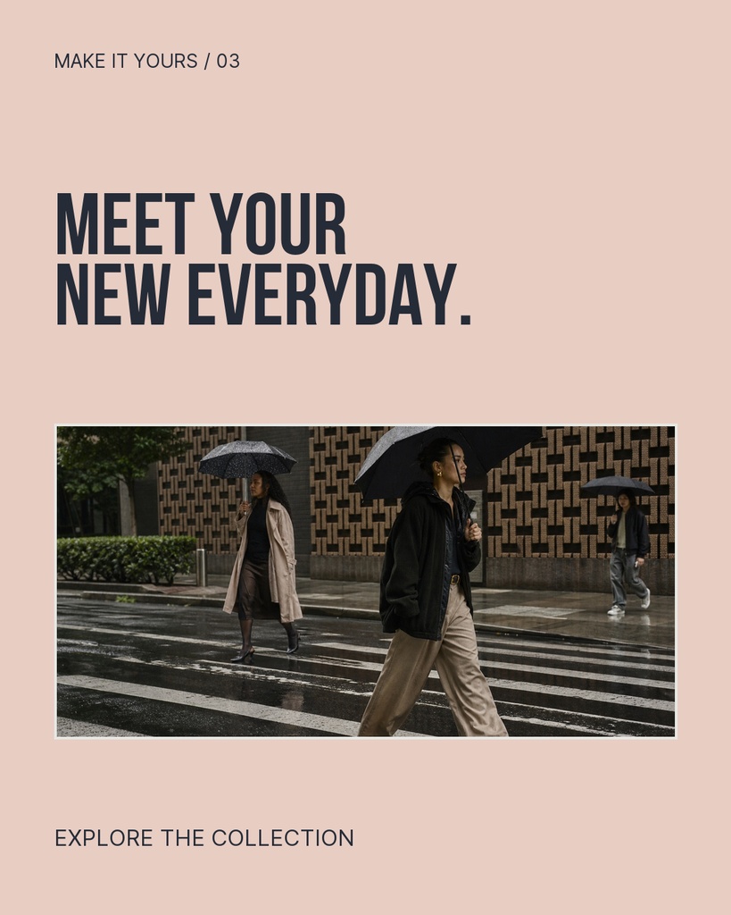 Portrait fashion carousel template with large headline, photo of people walking in rain, and collection call to action text.