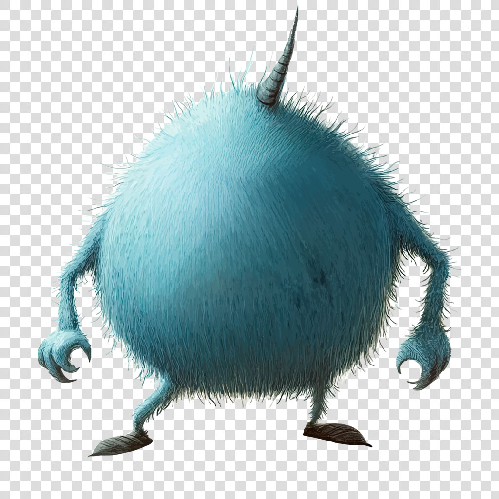 A blue, furry monster with a horn and sharp claws