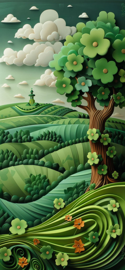 A stylized illustration of a tree with green flowers on a hillside with rolling hills and clouds in the background.