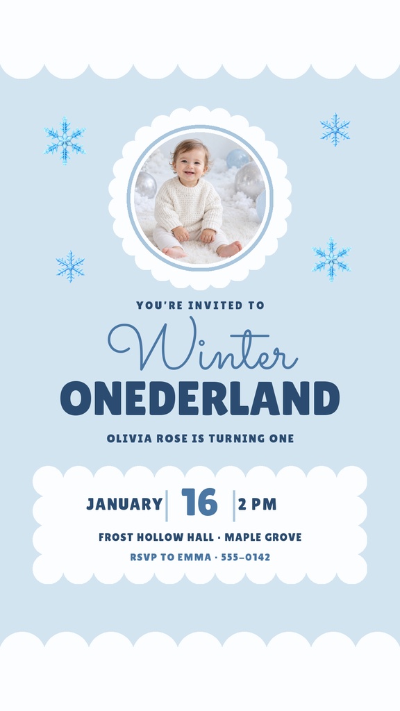 Blue winter birthday invitation with snowflakes, a child photo, and scalloped borders.