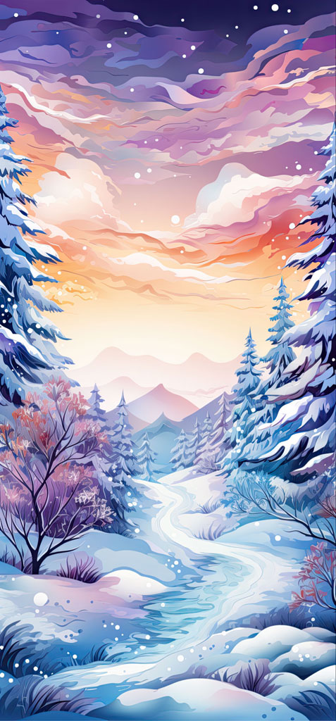 A digital illustration of a snowy mountain landscape with trees and a colorful sky.