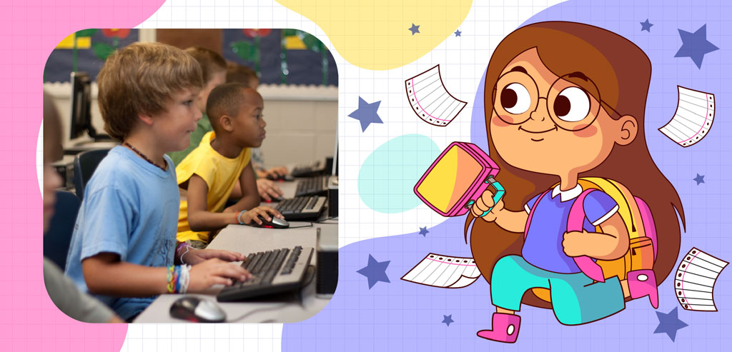 Children using laptops with a cartoon girl studying