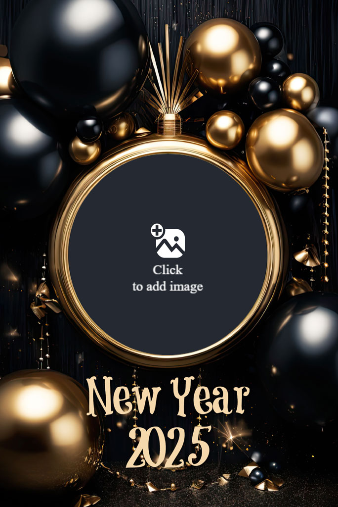 New Year 2025 design with gold and black balloons