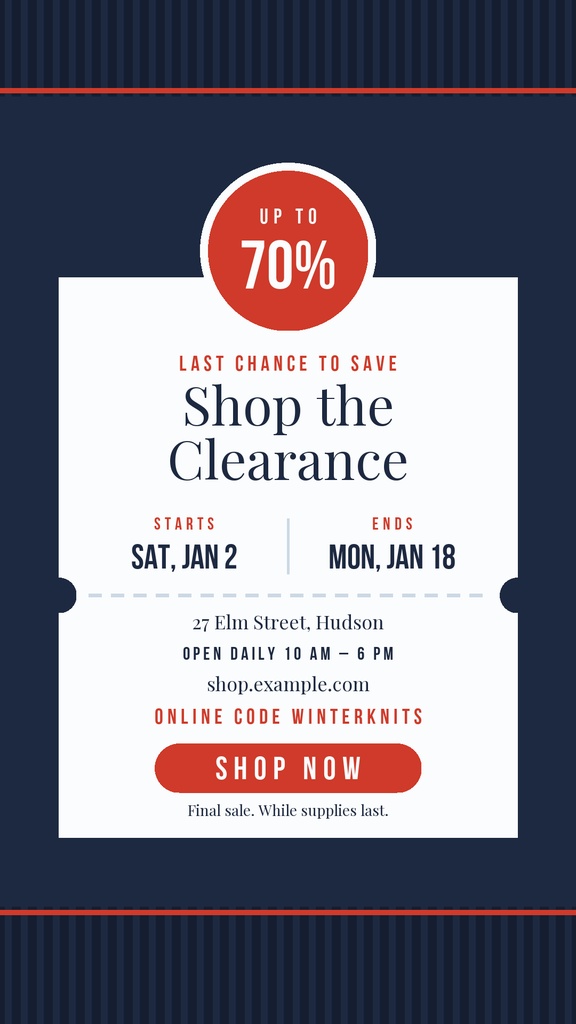 Vertical winter clearance sale poster with a red 70% off badge and shop now button.