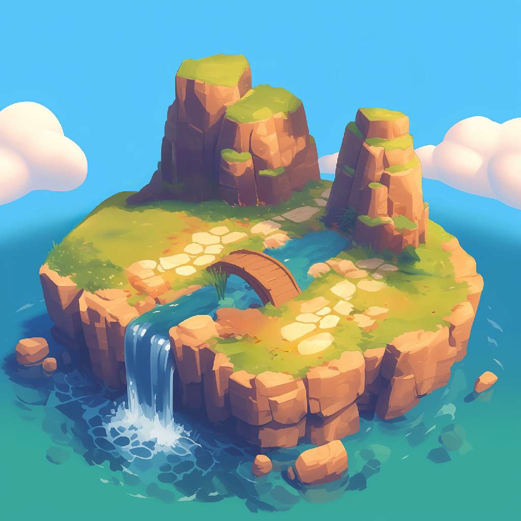 A cartoon island with a small bridge and waterfall surrounded by water