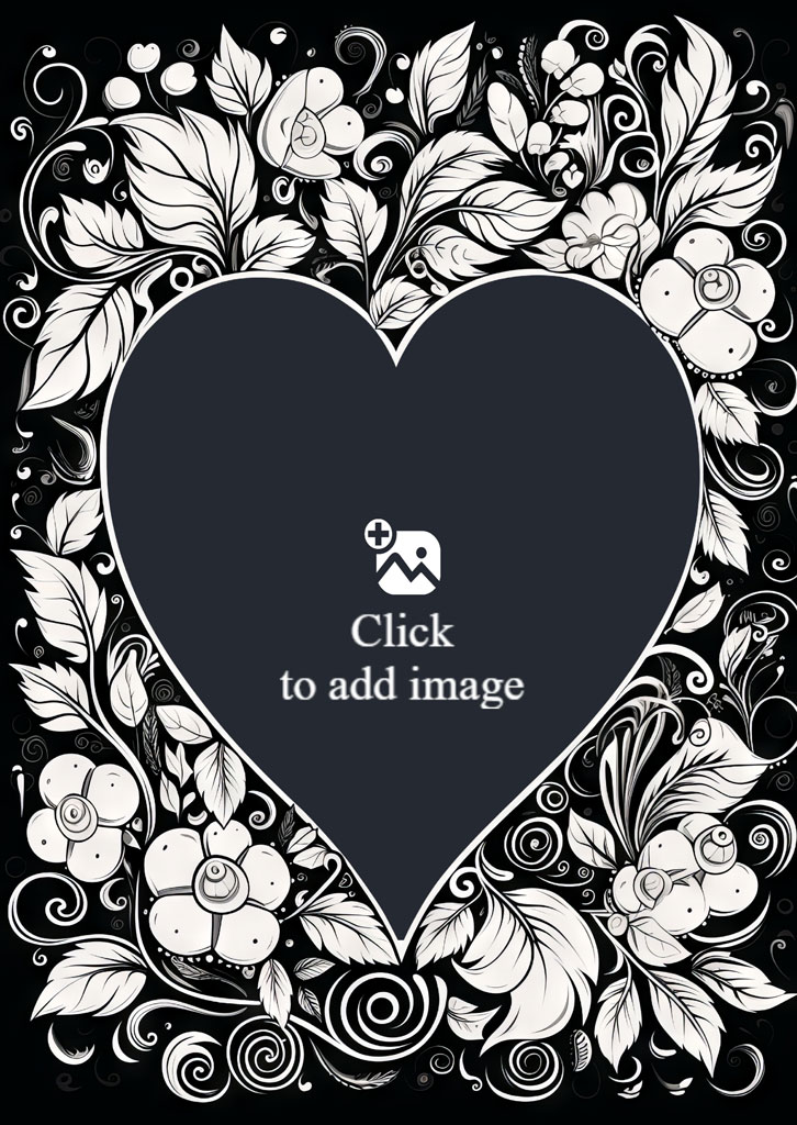 A black heart-shaped frame with white floral decorations on a black background.