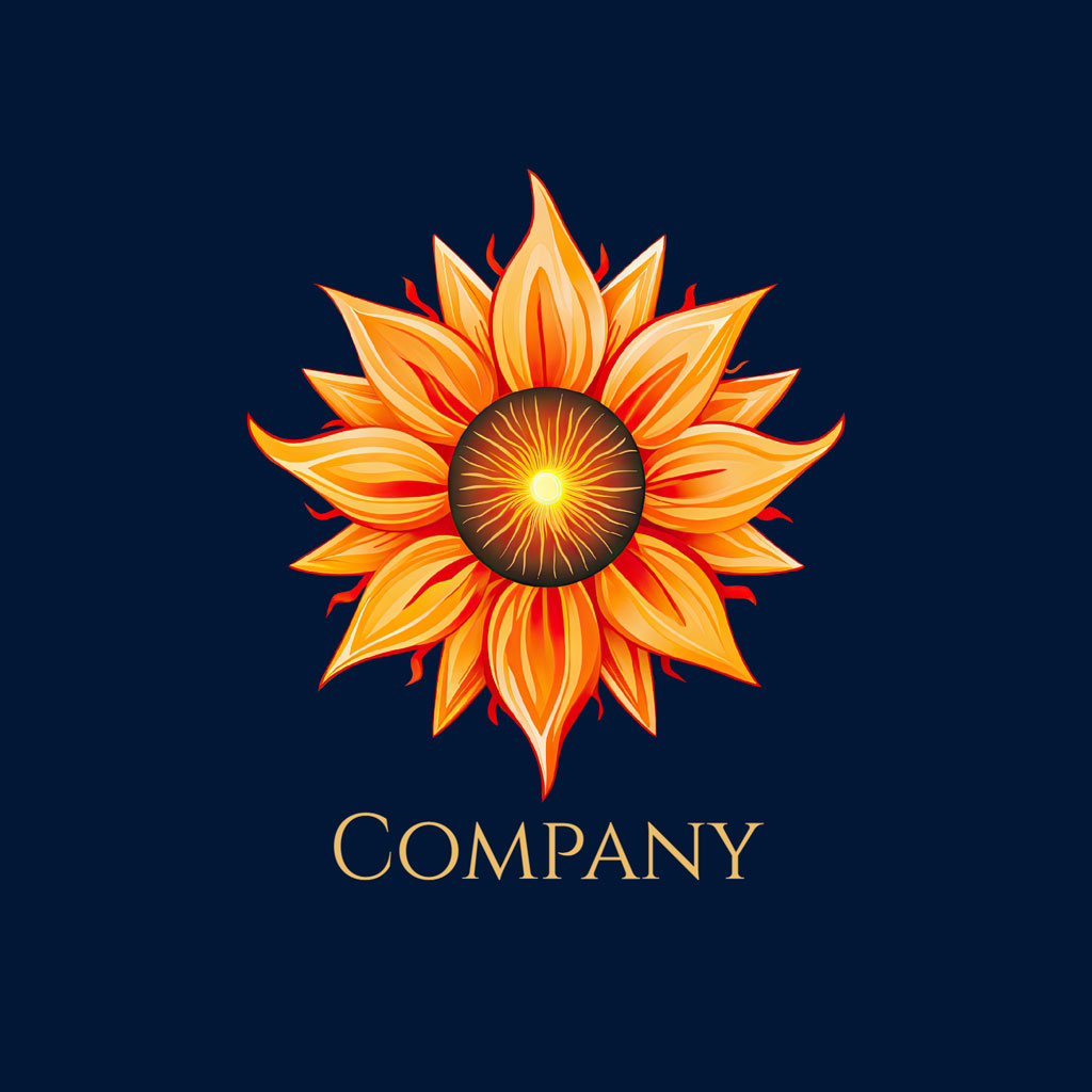Stylized sunflower logo with orange petals on a navy blue background