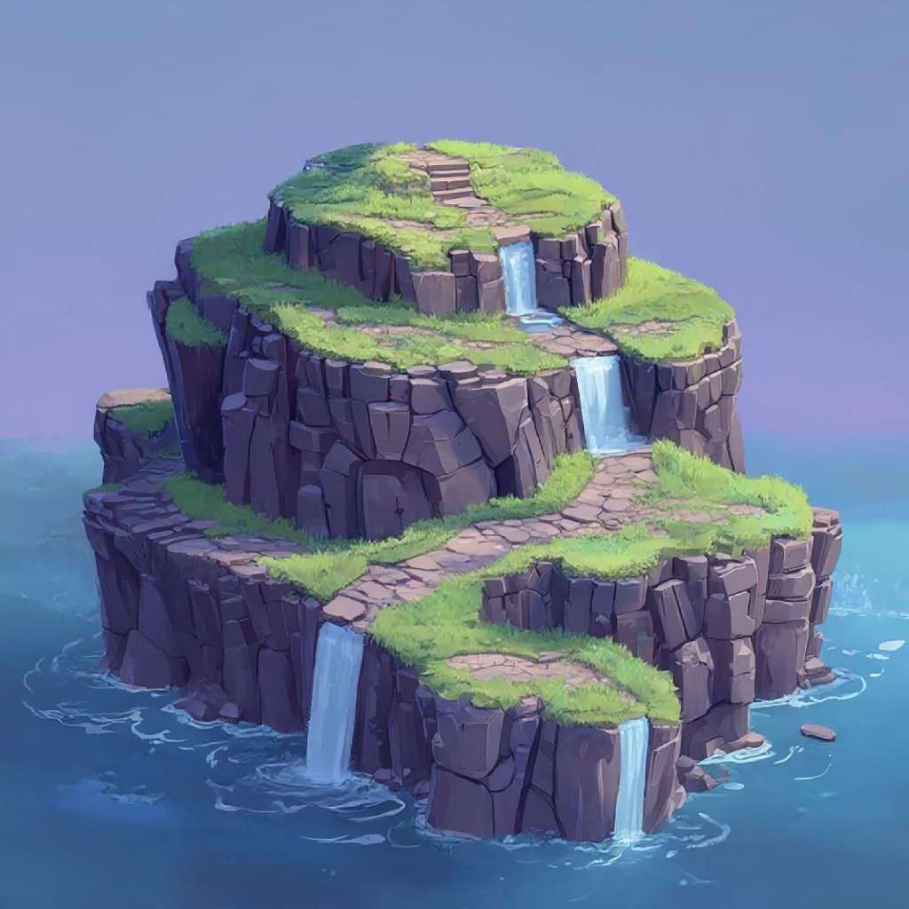 A cartoon-style illustration of a rocky island with multiple levels, featuring lush green grass and three waterfalls.