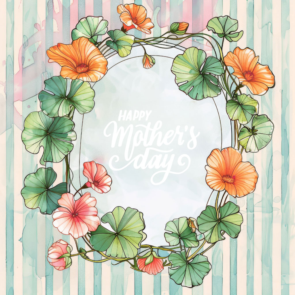 A watercolor-style illustration of a nasturtium flower wreath with 'Happy Mother's Day' in the center.