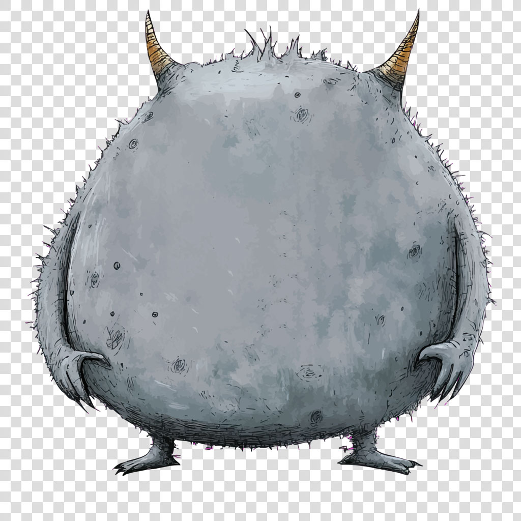 A gray monster with two horns and spiky fur stands on three legs.