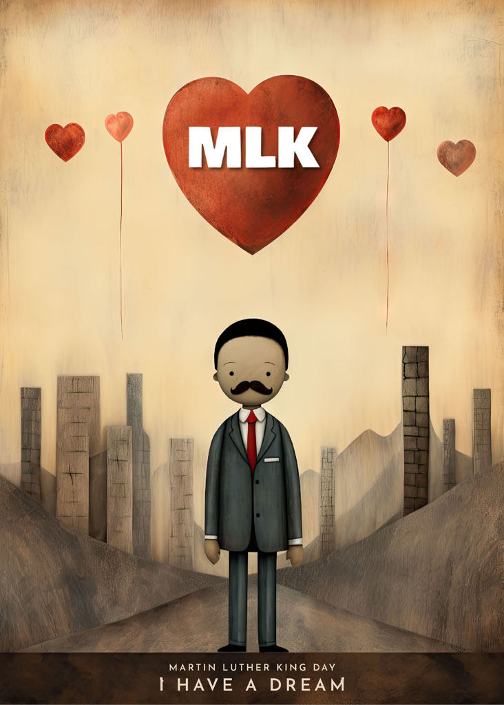 Cartoon illustration of Martin Luther King Jr. standing in a cityscape with heart balloons