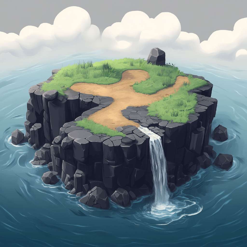 A cartoon island with a waterfall surrounded by water and fluffy clouds