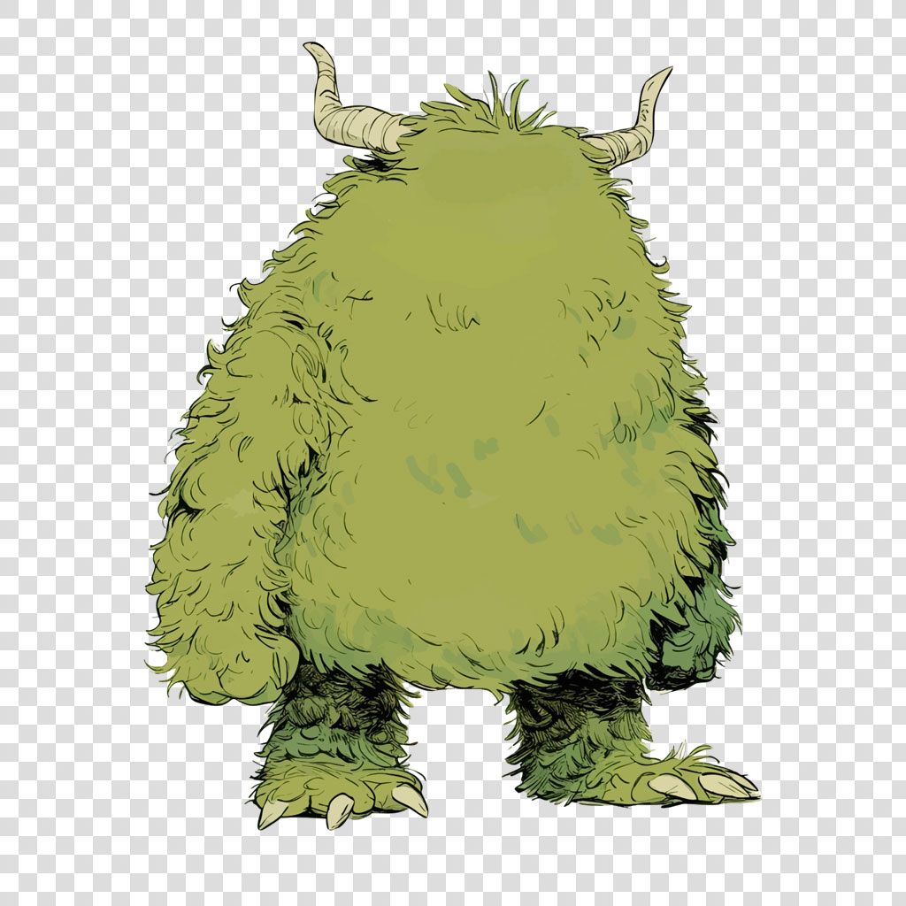 A green furry monster with horns and sharp claws