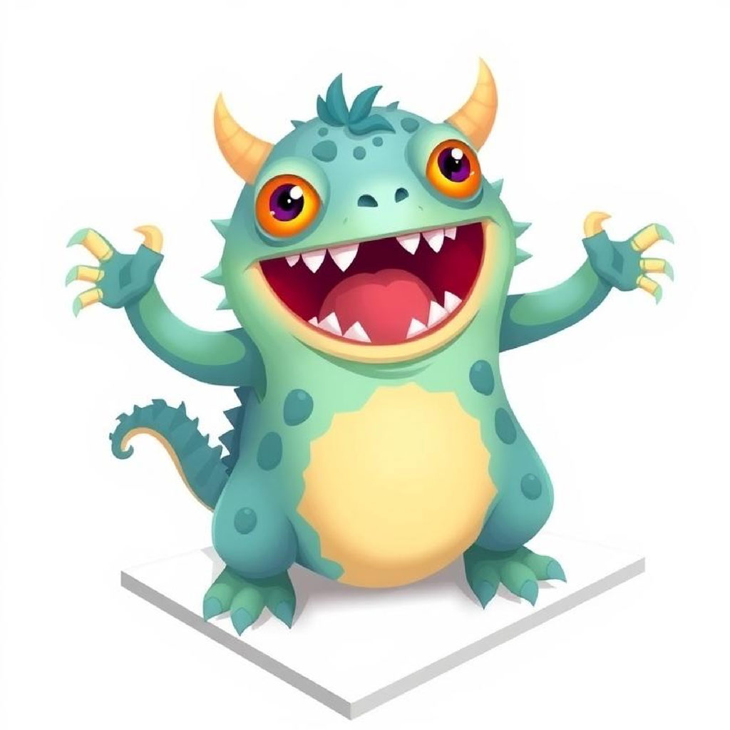 A green cartoon monster with yellow horns and sharp teeth standing on a white platform.
