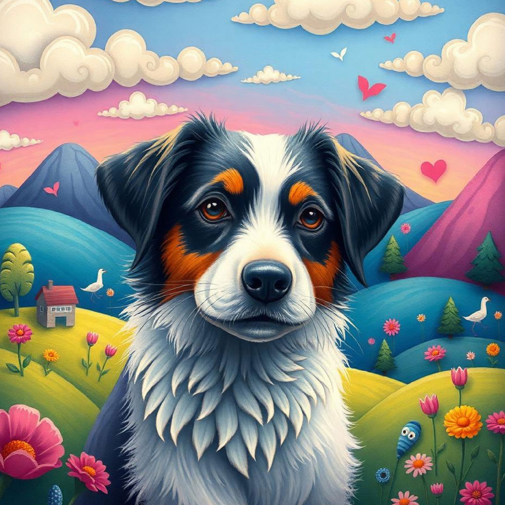 A fantastical landscape with rounded hills and houses in shades of pink, blue, and orange, under a cloudy sky.