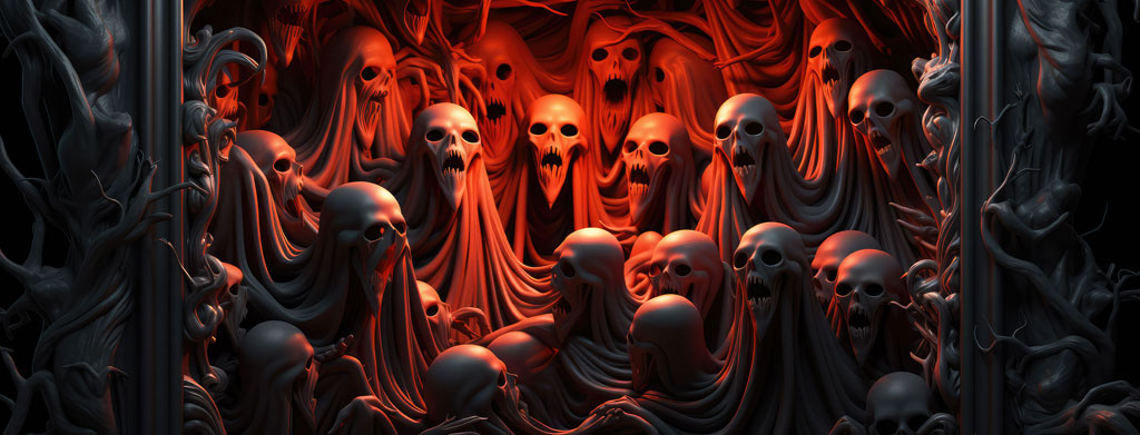 A group of ghostly figures with skulls in a dark, red-lit setting