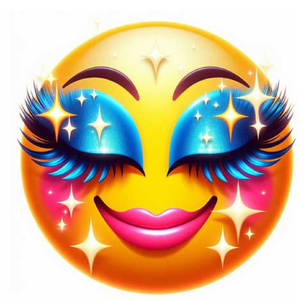 A cartoon smiley face with blue eyeshadow and long eyelashes against a white background