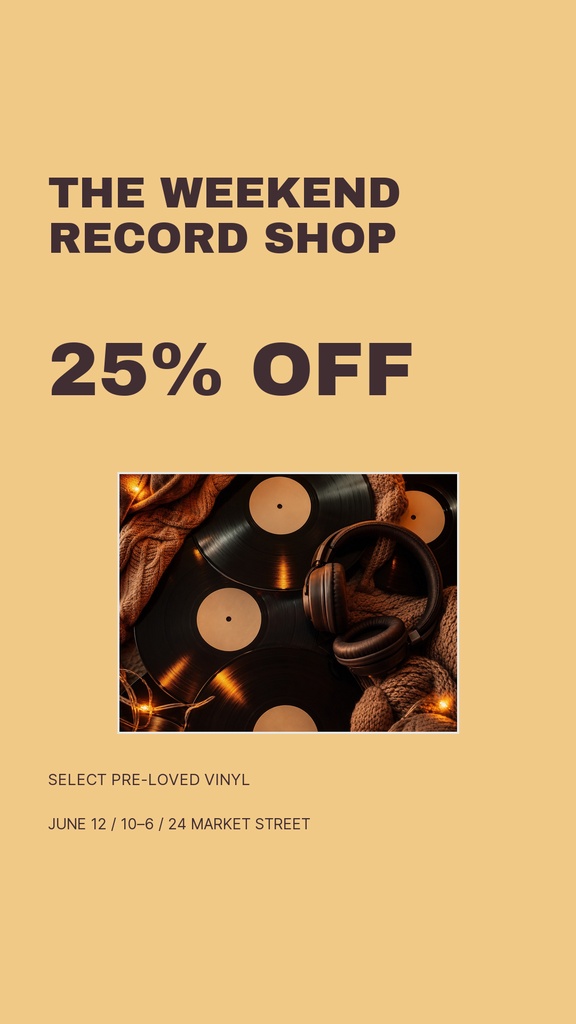 Beige Instagram story with bold text, vinyl records, headphones, and a 25% off sale message.