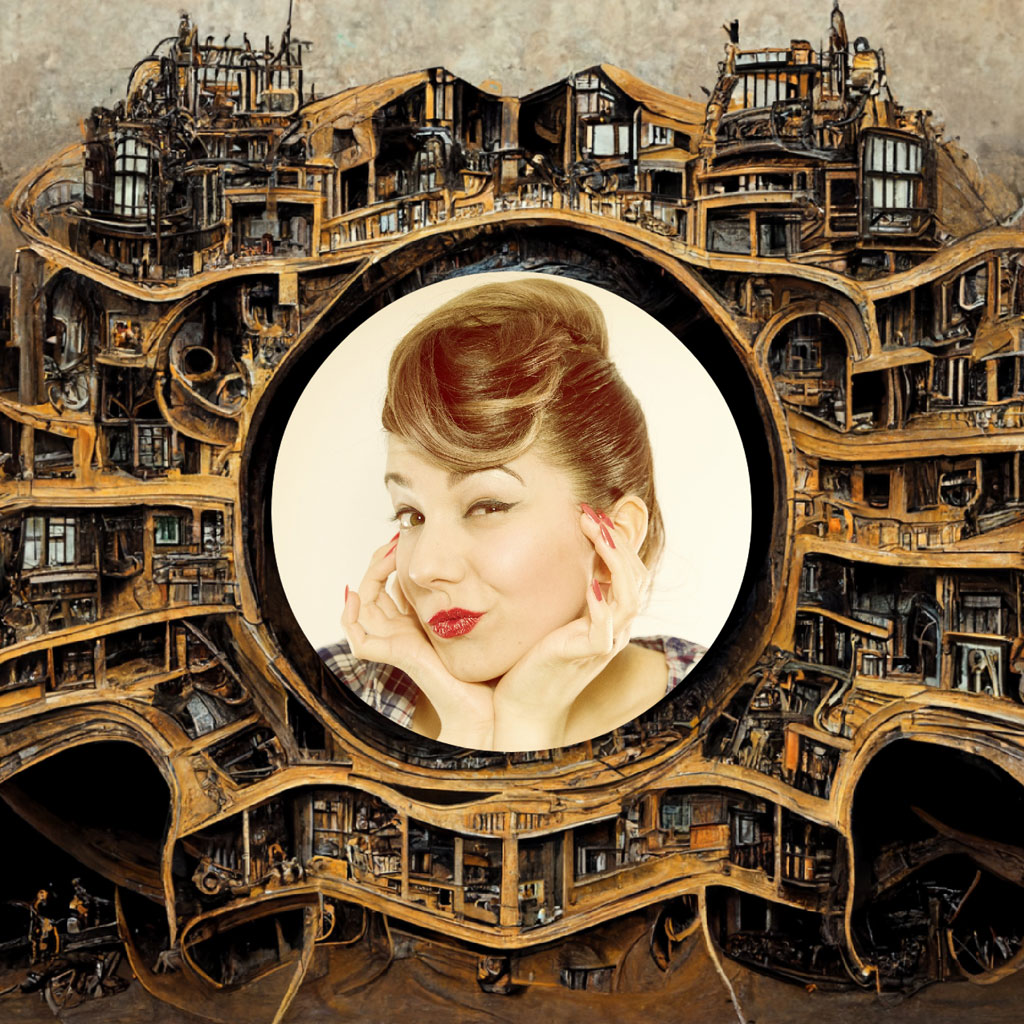 A woman's portrait in a circular frame, set against a backdrop of intricate, layered architecture.