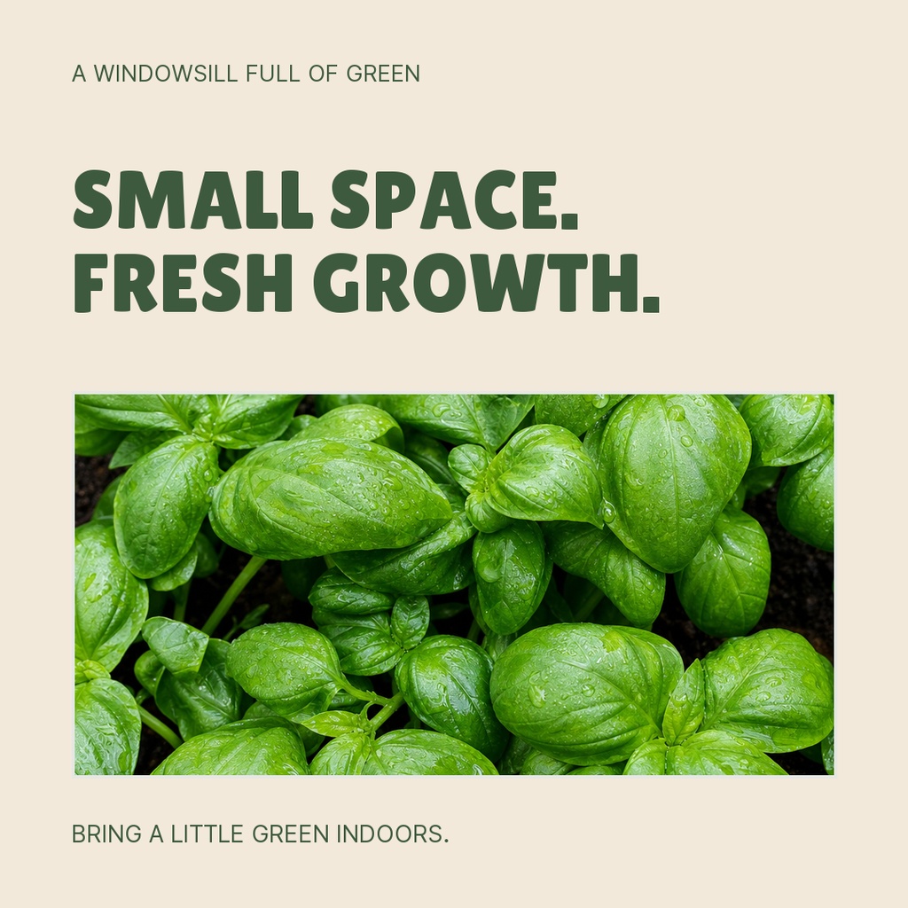 Square post with bold text and a close-up of bright green leaves on a beige background.