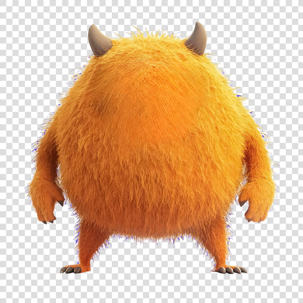 A furry orange monster with two horns and a round body.