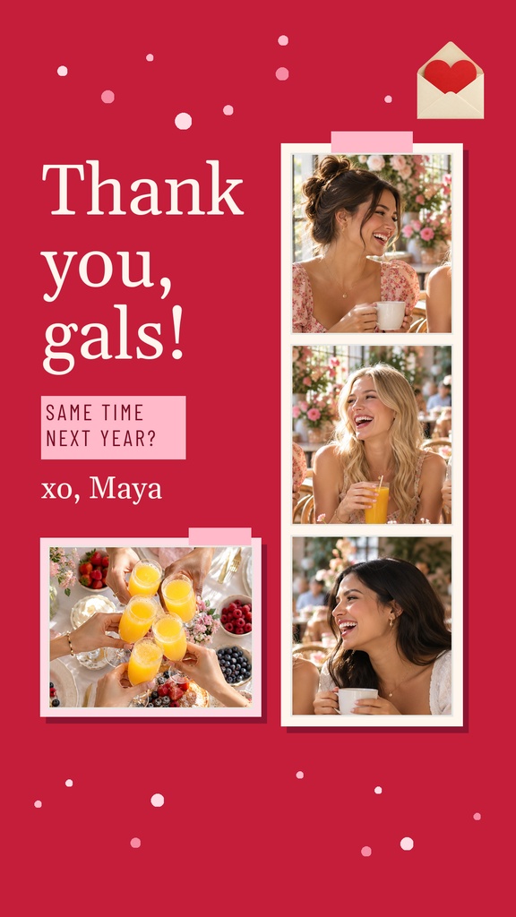 Instagram story template with a red background, brunch photos, and thank you text for galentine's day.